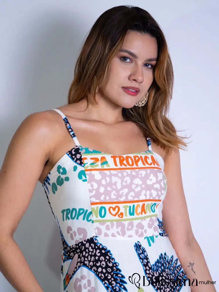 Vestido Midi Estampado em Viscolinho com Lastex e Bojo