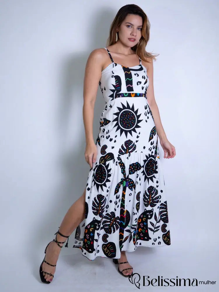 Vestido Midi Estampado em Viscolinho com Lastex e Bojo