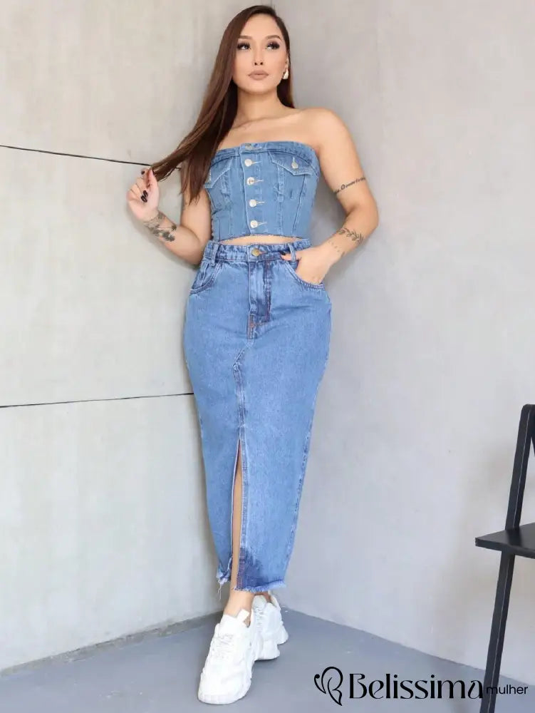 Conjunto Jeans Feminino - Blusa Sem Alça e Saia Longa com Elegância e Conforto