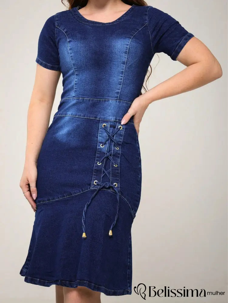 Vestido Jeans feminino Midi elastano de manga Detalhes de tiras amarradas.