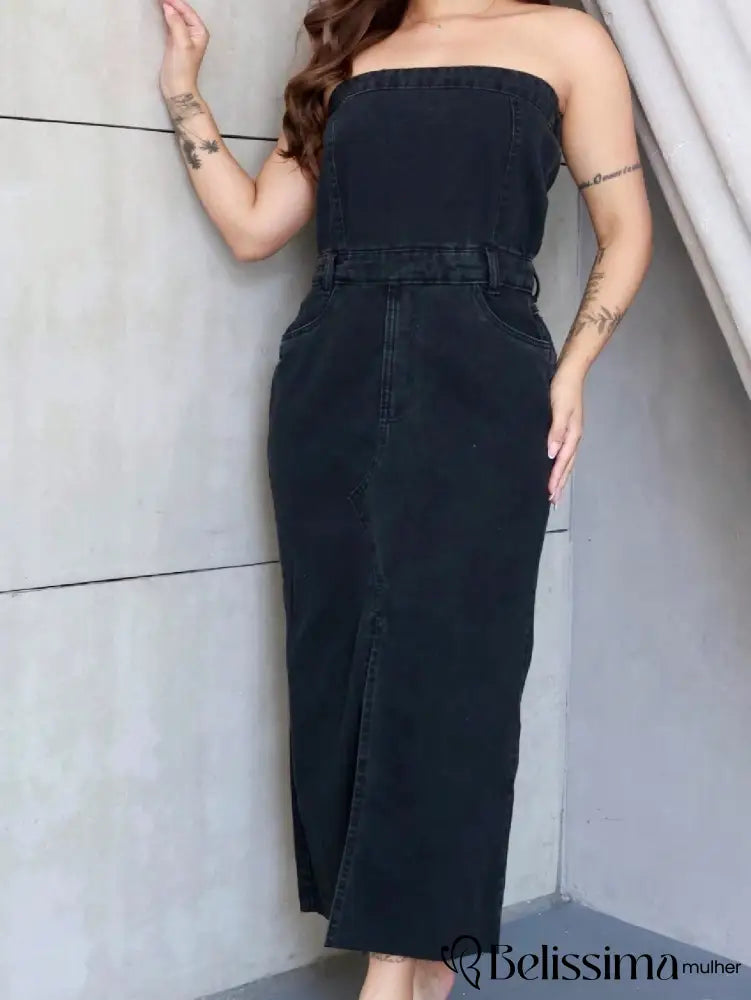 Vestido Jeans Midi Tomara que Caia com Fenda Elegante na Frente – Casual e Sofisticado