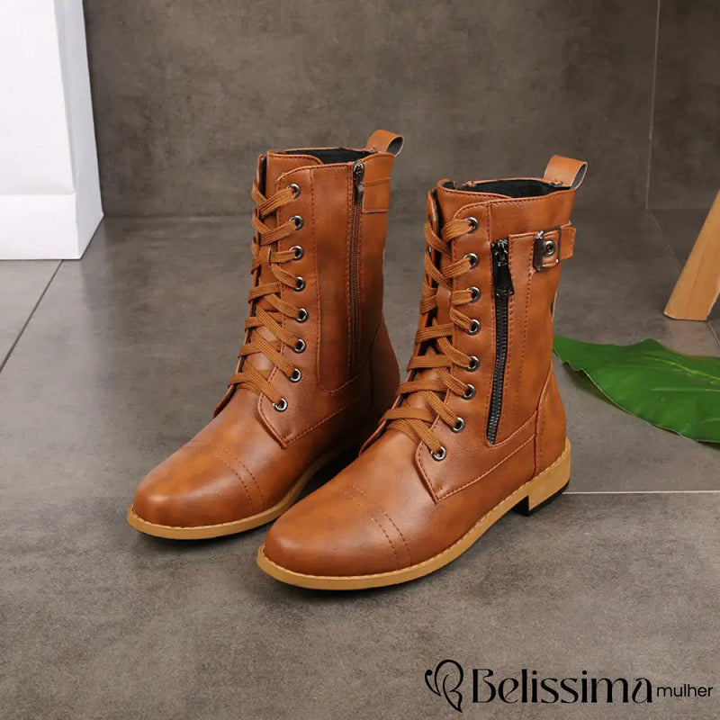 Botas Femininas Plus Size – Estilo Western Retro com Cadarço, Fivela e Zíper – Cano Médio, Inspiradas no Sertão