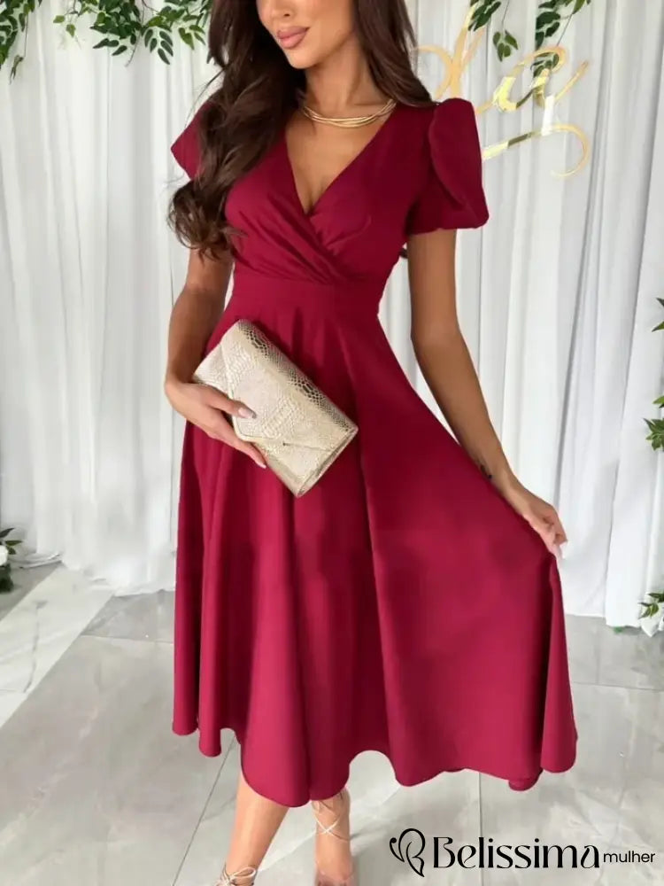 Vestido De Manga Com Decote Em V Feminino Vestidos